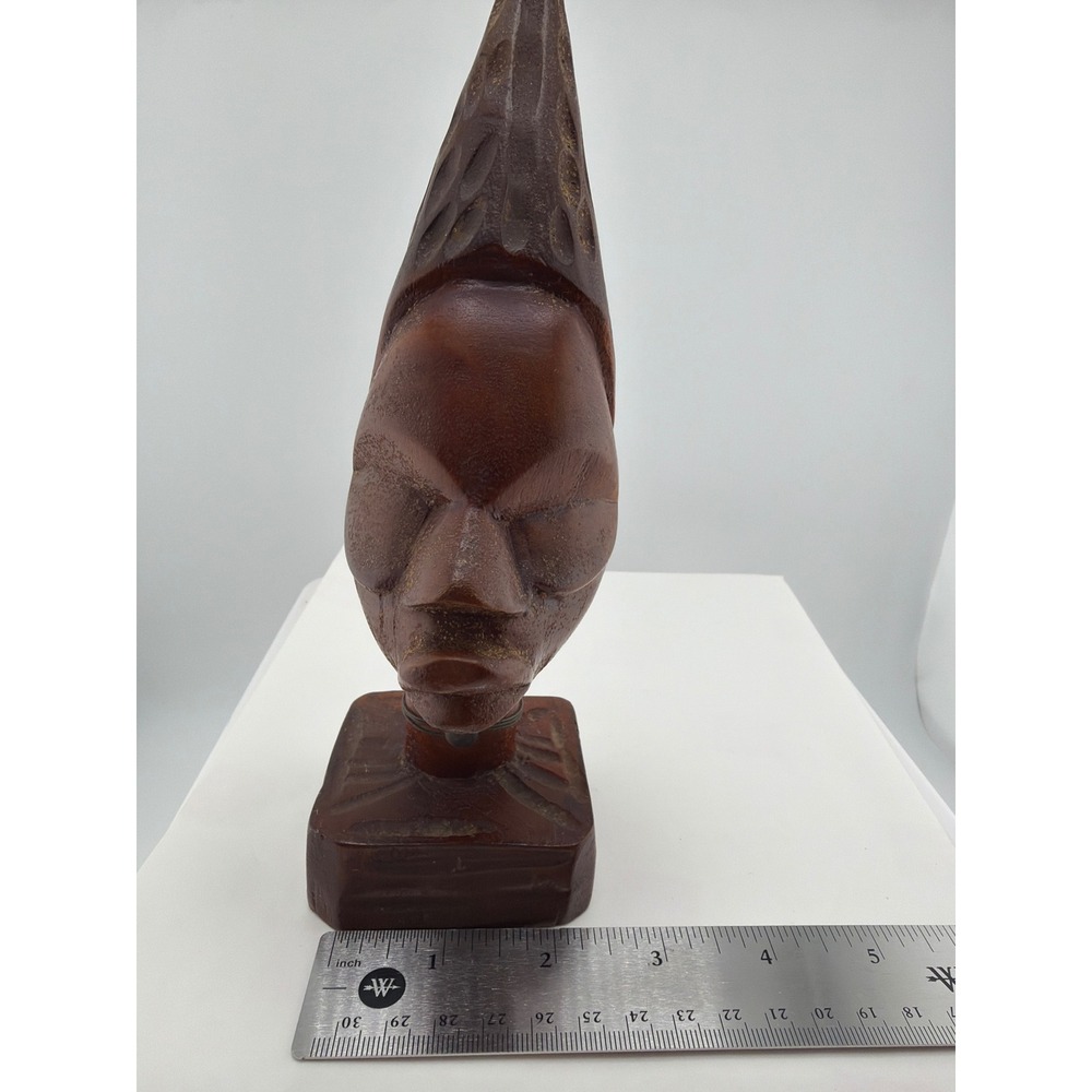 Hand Carved Wood Face Sculpture Pedestal Folk Art Decor - Picture 3 of 5